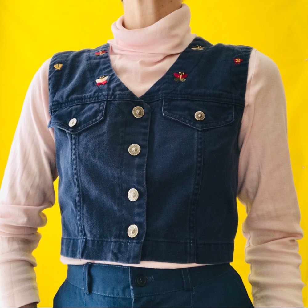 90s Denim Vest with Butterfly Embroidery Vintage